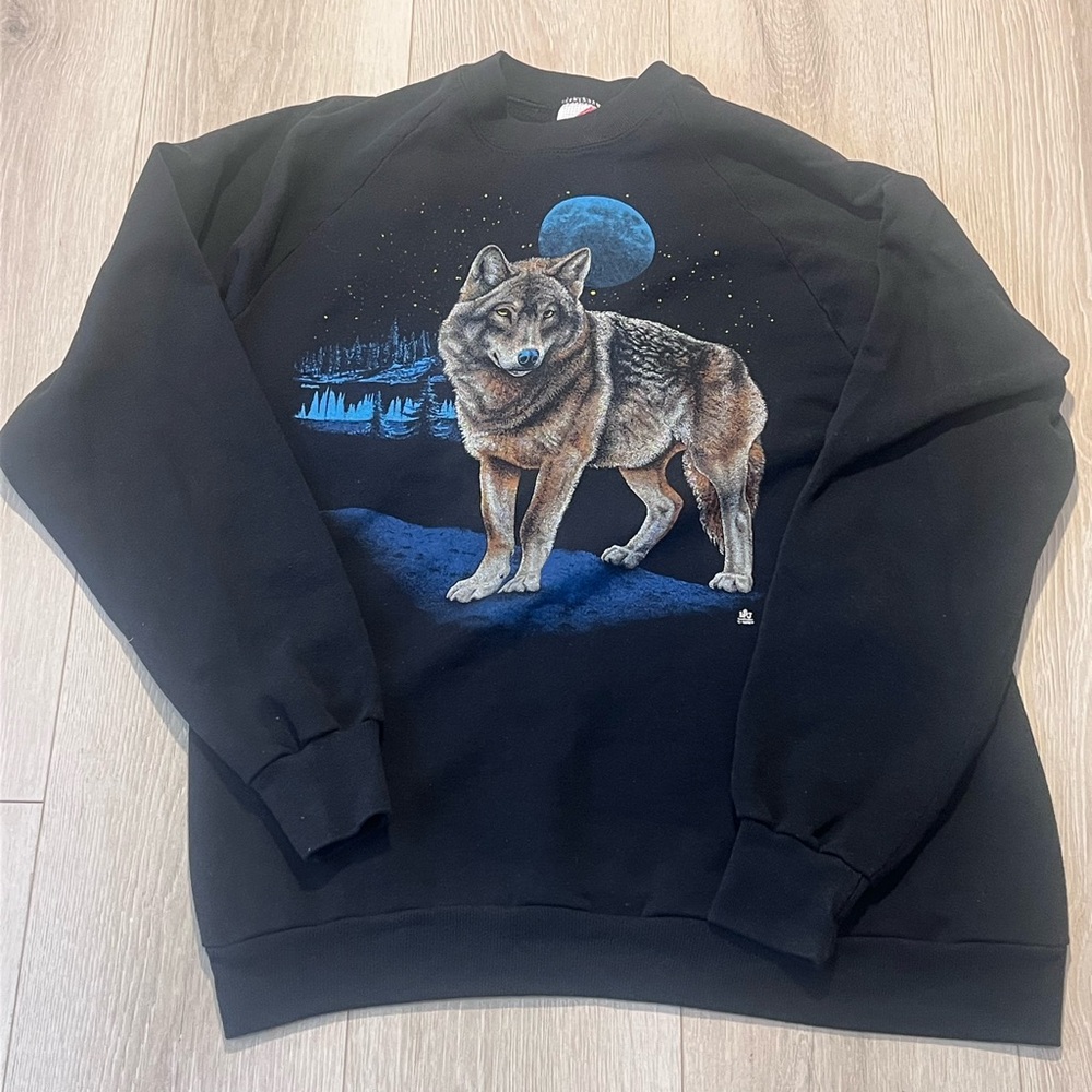 Vintage 1987 Black Wolf Graphic Crewneck Sweatshirt